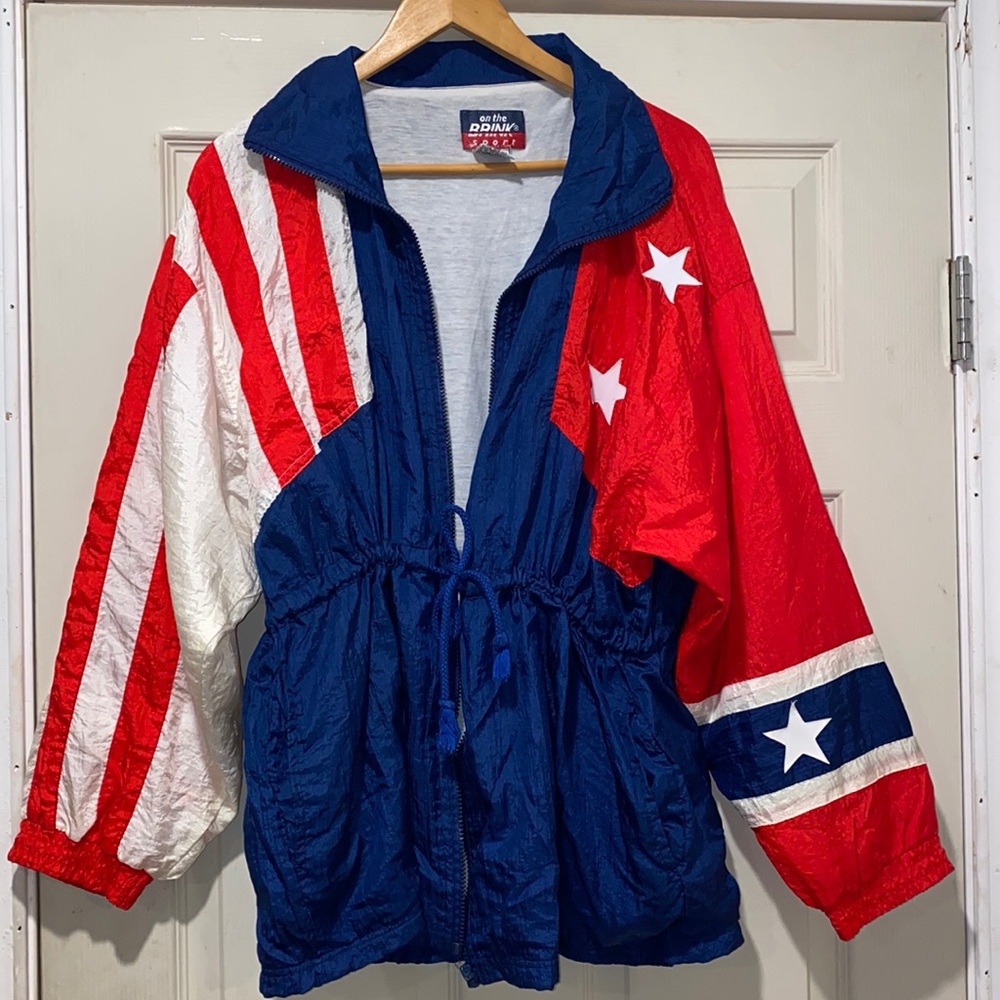 Patriotic Red White & Blue Lightweight Zip Up Windbreaker with Pockets. Size 2X